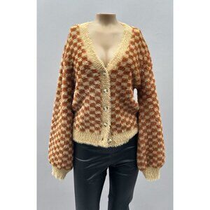 Hem & Thread Checkered Fuzzy Button Cardigan Sweater Balloon Sleeves Women M NWT